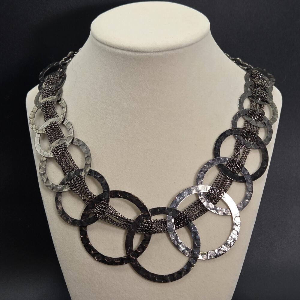 Gunmetal Silver Hoop Chains Statement Necklace Loops Circles